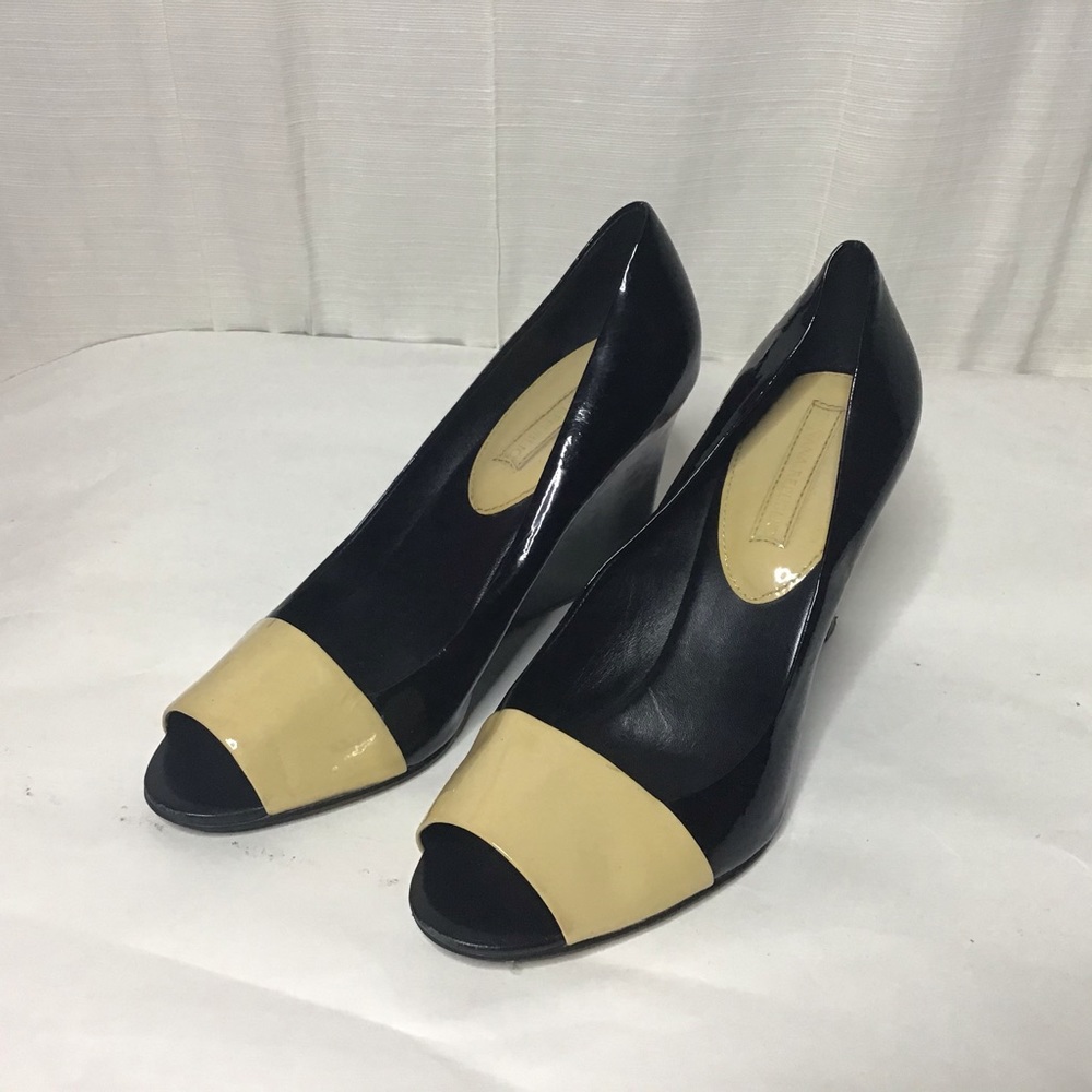 Black and Beige Open-Toe Women's Heels